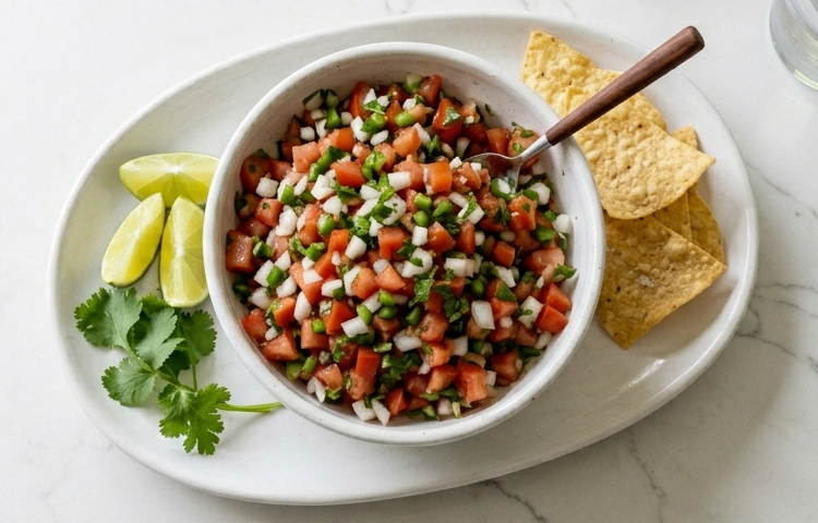 pico de gallo on a white platter on a premium white countertop