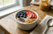 Fuel your morning with our Antioxidant Boost: Mixed Berry Power Oats. We start with a creamy, slow-cooked base of steel-cut oats and ancient grains simmered in vanilla almond milk, then swirl in a vibrant, tart-sweet berry compote. Topped with fresh seasonal berries, crunchy oats, and chia seeds, this bowl delivers sustained energy and plant-based protein. A touch of vanilla protein ties it all together for a refreshing, nutrient-dense breakfast that tastes as good as it feels.